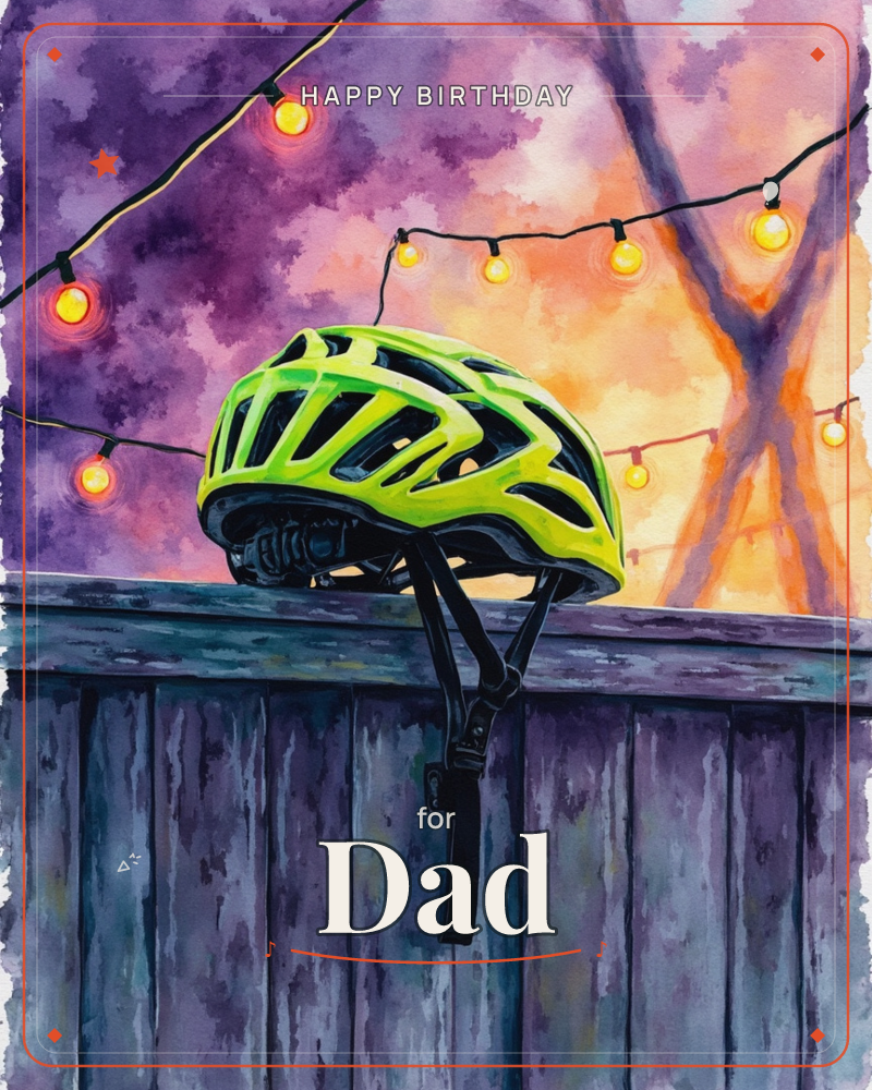 A neon-green cycling helmet rests on top of a weathered wooden fence, its black chin strap dangling loose, a birthday e-card design