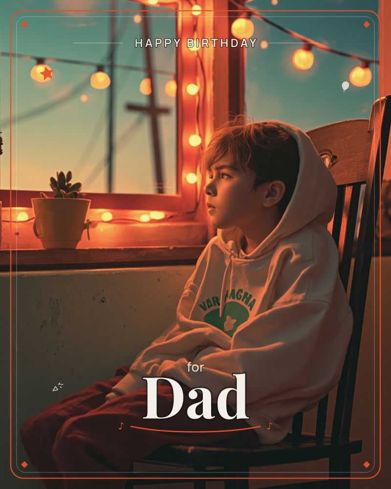A boy in a hooded sweatshirt sits sideways on a wooden chair by a window, gazing outward toward a distant cross against a dusky sky, a birthday e-card design