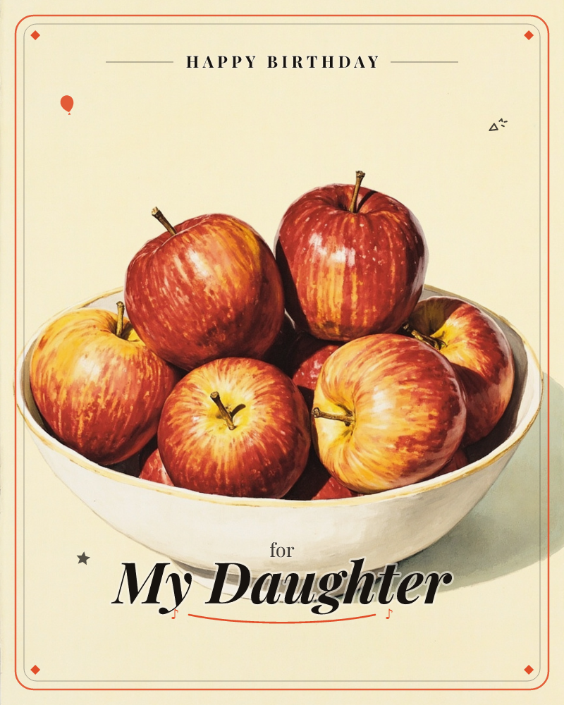 A white ceramic bowl is piled high with glossy red and gold-streaked apples, painted with crisp highlights against a soft cream background, a birthday e-card design
