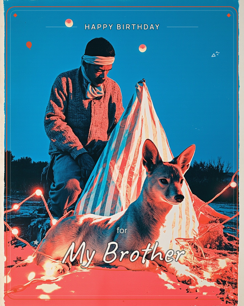 A surreal duotone collage in blue and coral: a man in a headscarf kneels beside a striped tent-like fabric, while a dog rests calmly in front of him…, a birthday e-card design