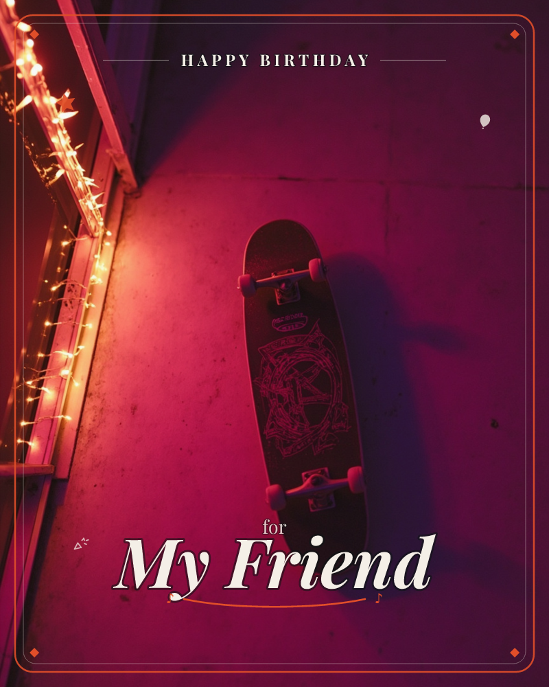 A skateboard with a graphic-printed deck rests against a concrete floor, bathed entirely in deep red light, a birthday e-card design