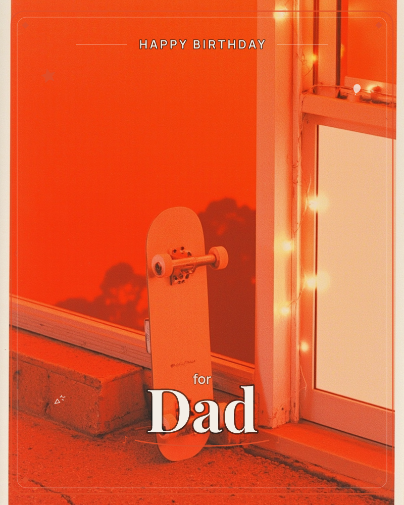 A skateboard leans upside down against a doorframe strung with small glowing fairy lights, the whole scene washed in a deep orange-red tint with leaf…, a birthday e-card design