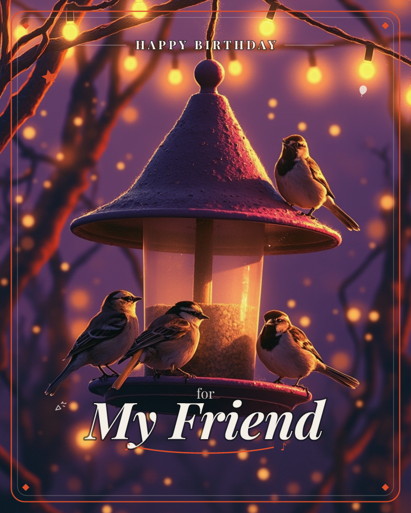 A red-roofed bird feeder hangs from a bare, twiggy branch strung with warm fairy lights, its glass tube glowing softly with seed, a birthday e-card design