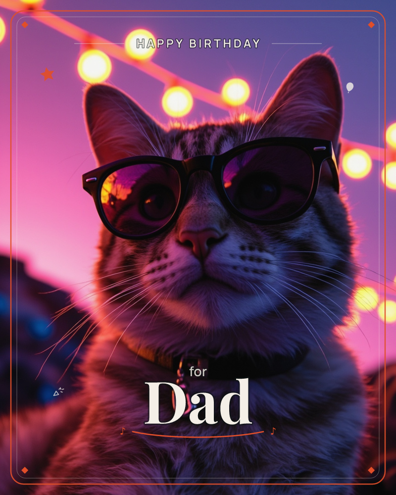 A tabby cat sits front and centre wearing dark sunglasses and a collar with a small clip, strings of warm bulb lights glowing overhead against a…, a birthday e-card design