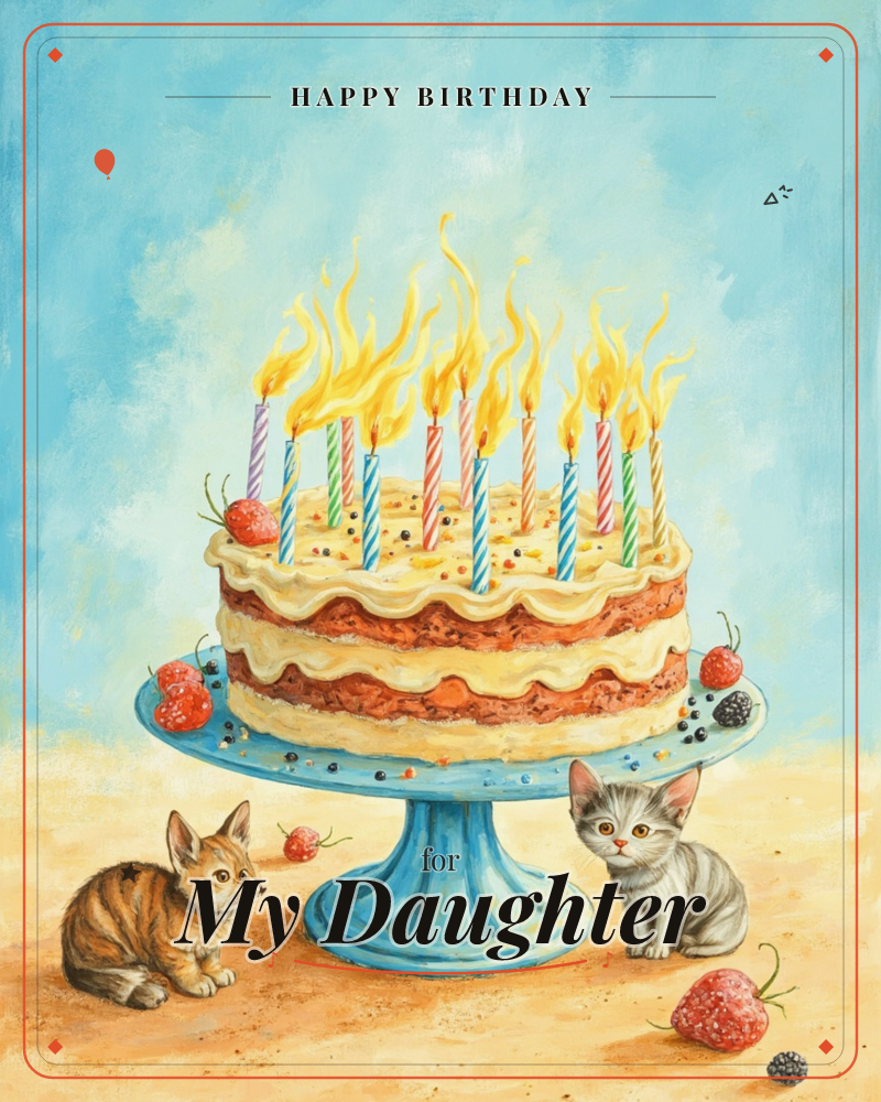 A layered birthday cake with cream frosting sits on a blue pedestal stand, its many striped candles blazing with tall golden flames against a soft…, a birthday e-card design