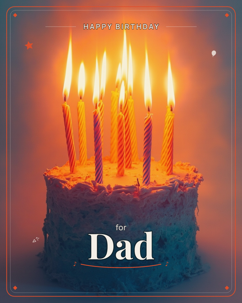 A frosted round cake glows in near-darkness, its swirled white icing lit warmly from above by a cluster of striped candles burning bright orange…, a birthday e-card design