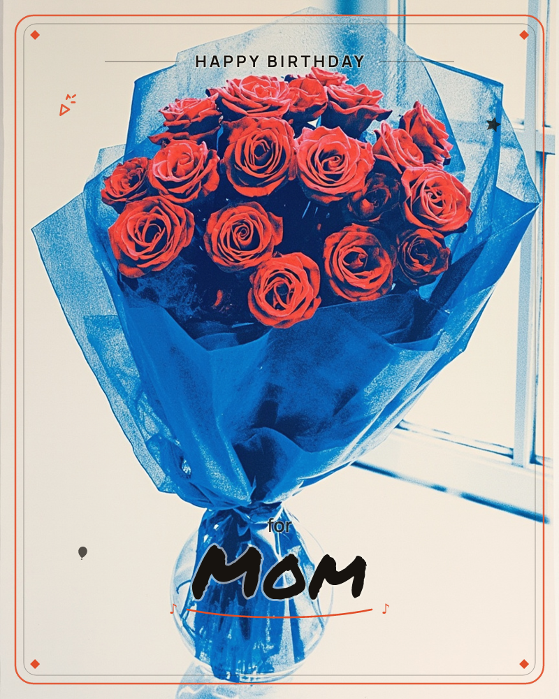 A dense bunch of red roses stands wrapped in crinkled blue paper, tied at the stem and set in a small glass vase by a window, a birthday e-card design