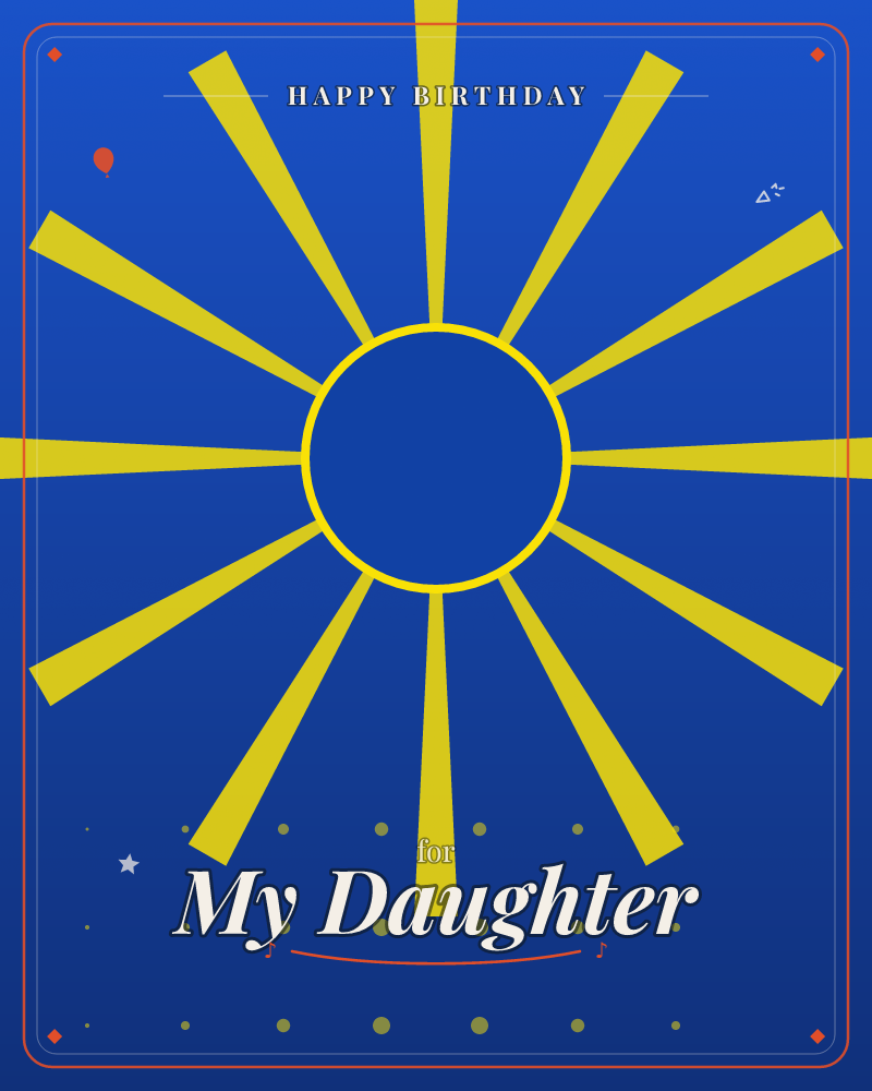 A bold golden sun with sharp radiating rays sits centered on a deep blue background that fades to black at the edges, a birthday e-card design by @DittyCityTeam