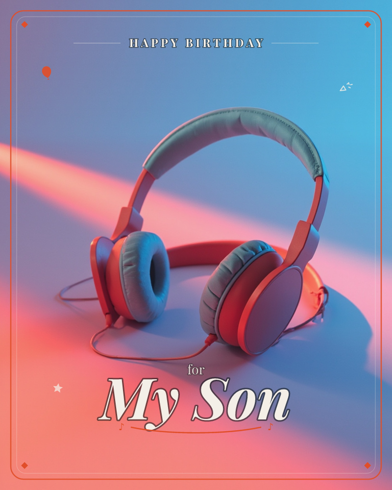 A pair of wired headphones rests on a smooth surface, lit by a dramatic split of hot pink and cool blue light that cuts a sharp diagonal beam across…, a birthday e-card design