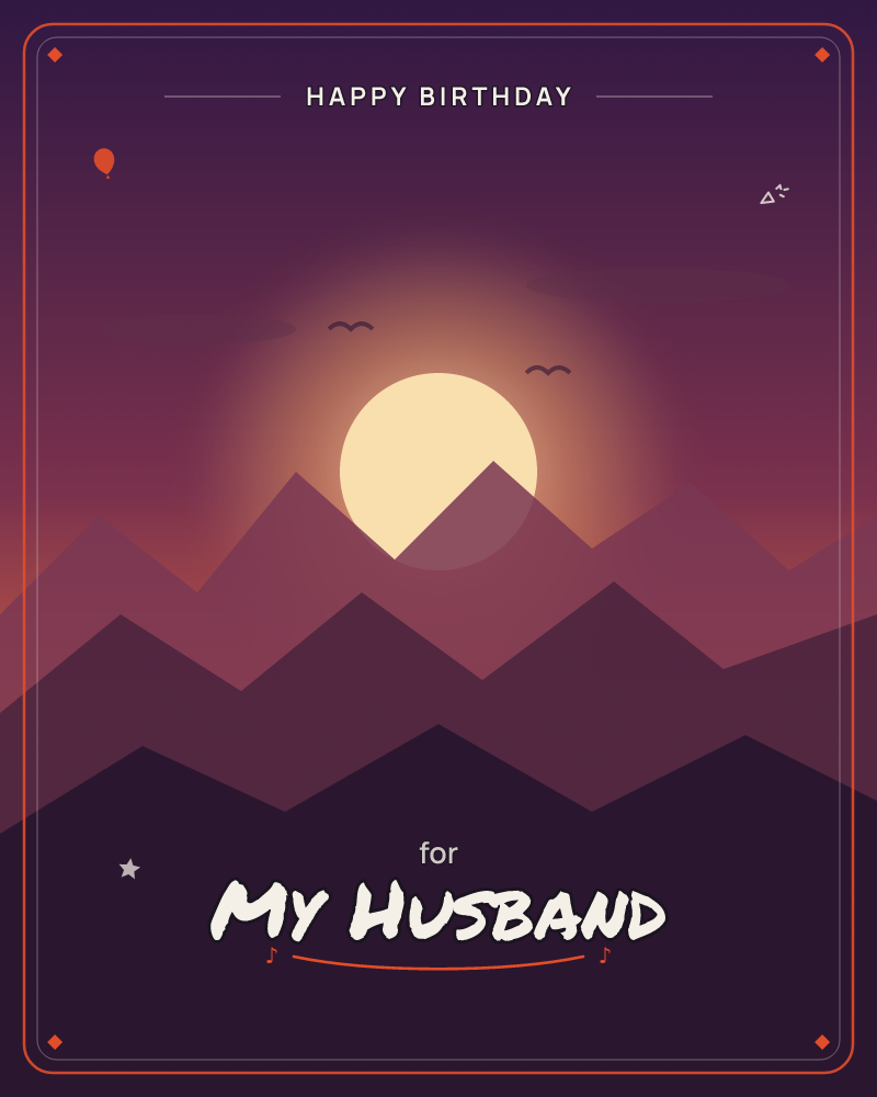 A glowing cream sun sinks behind layered mountain silhouettes, its warm halo bleeding into a dusky purple and rose sky, a birthday e-card design by @DittyCityTeam