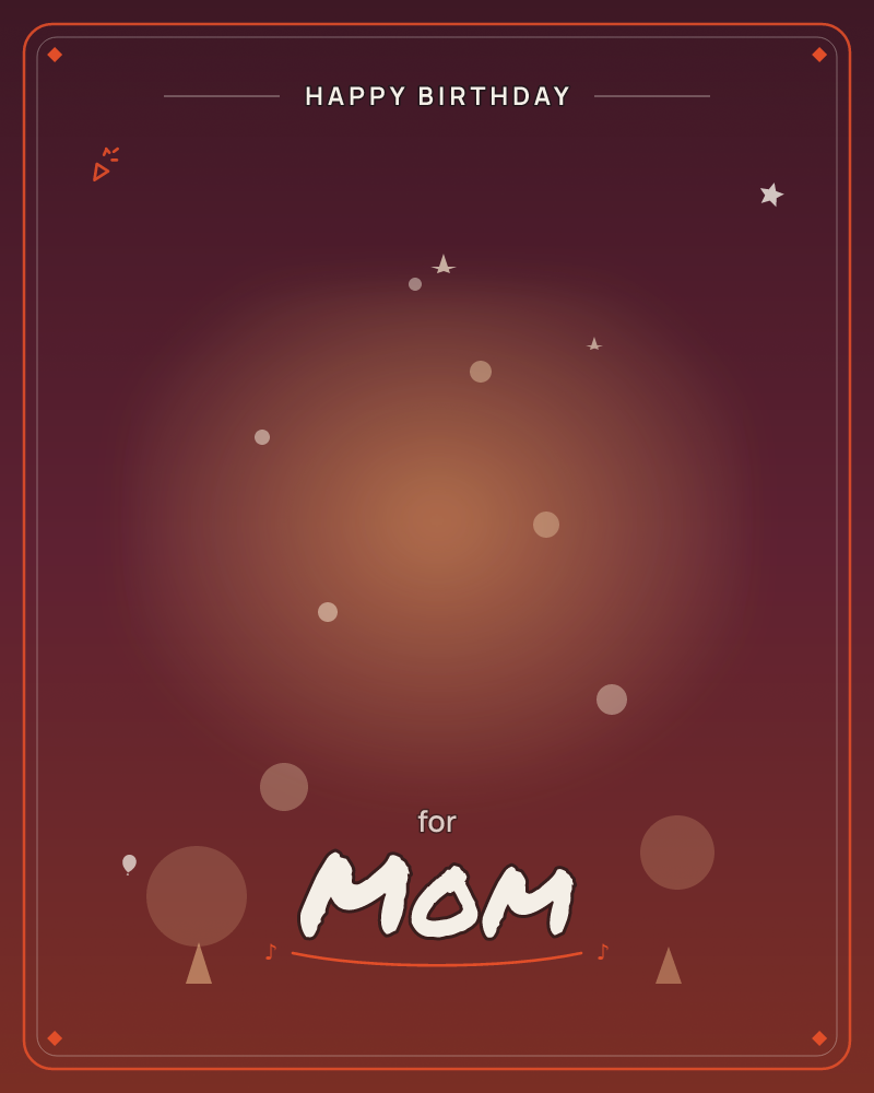 A glowing orange orb radiates warmth against a deep maroon sky, with pale dots and tiny stars scattered like fireflies or distant lights, a birthday e-card design by @DittyCityTeam