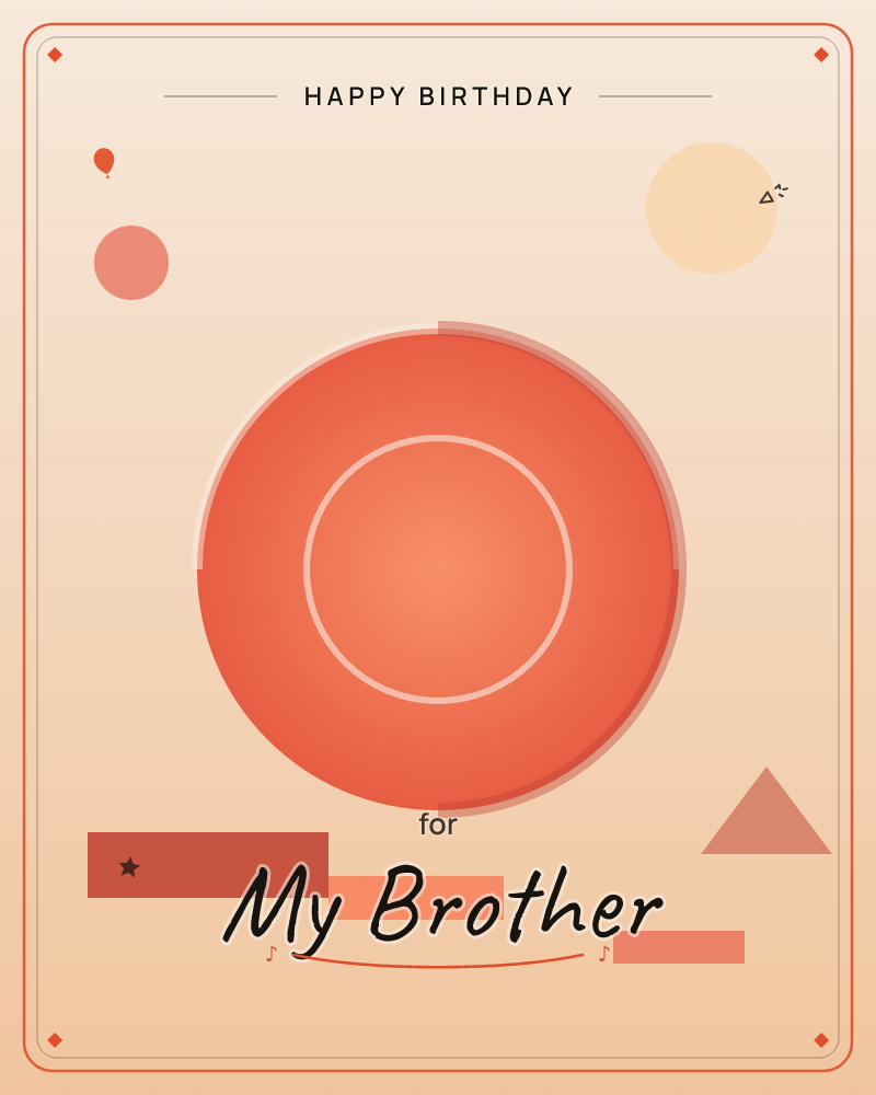 A large coral-orange circle with a thin ringed outline sits center stage against a warm peach gradient sky, flanked by a small triangle and scattered…, a birthday e-card design by @DittyCityTeam