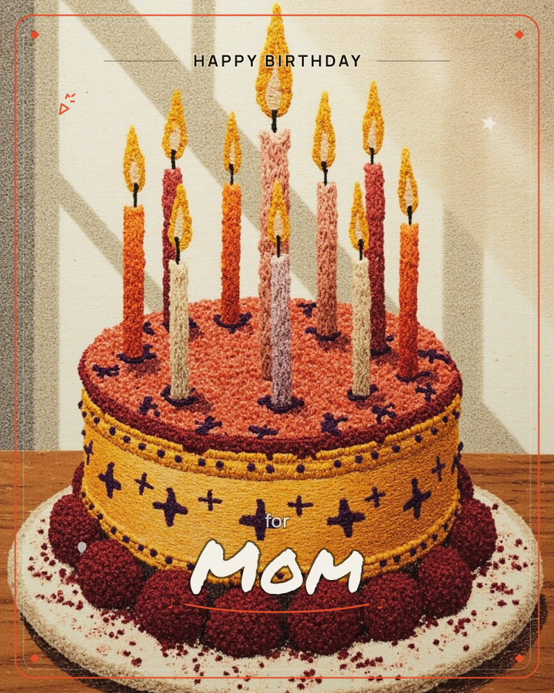 A birthday cake rendered in a plush, punch-needle textile style sits on a wooden table, its coral top and mustard-gold sides stitched with tiny cross…, a birthday e-card design