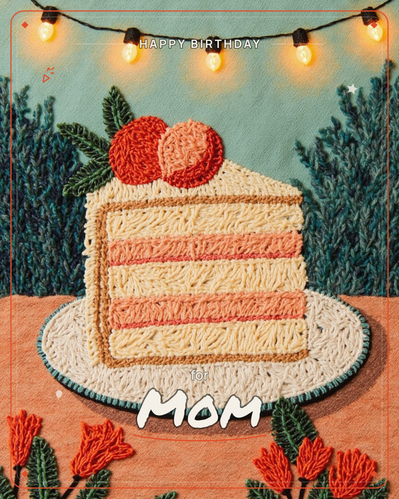 An embroidered slice of layered cake sits on a plain white plate, topped with two stitched berries and set against a textured green hedge strung with…, a birthday e-card design