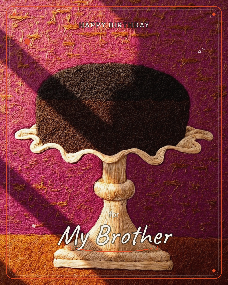 A dark chocolate cake sits on a scalloped-edge pedestal stand, both rendered in a textured fibrous craft style like woven thread or felt, a birthday e-card design