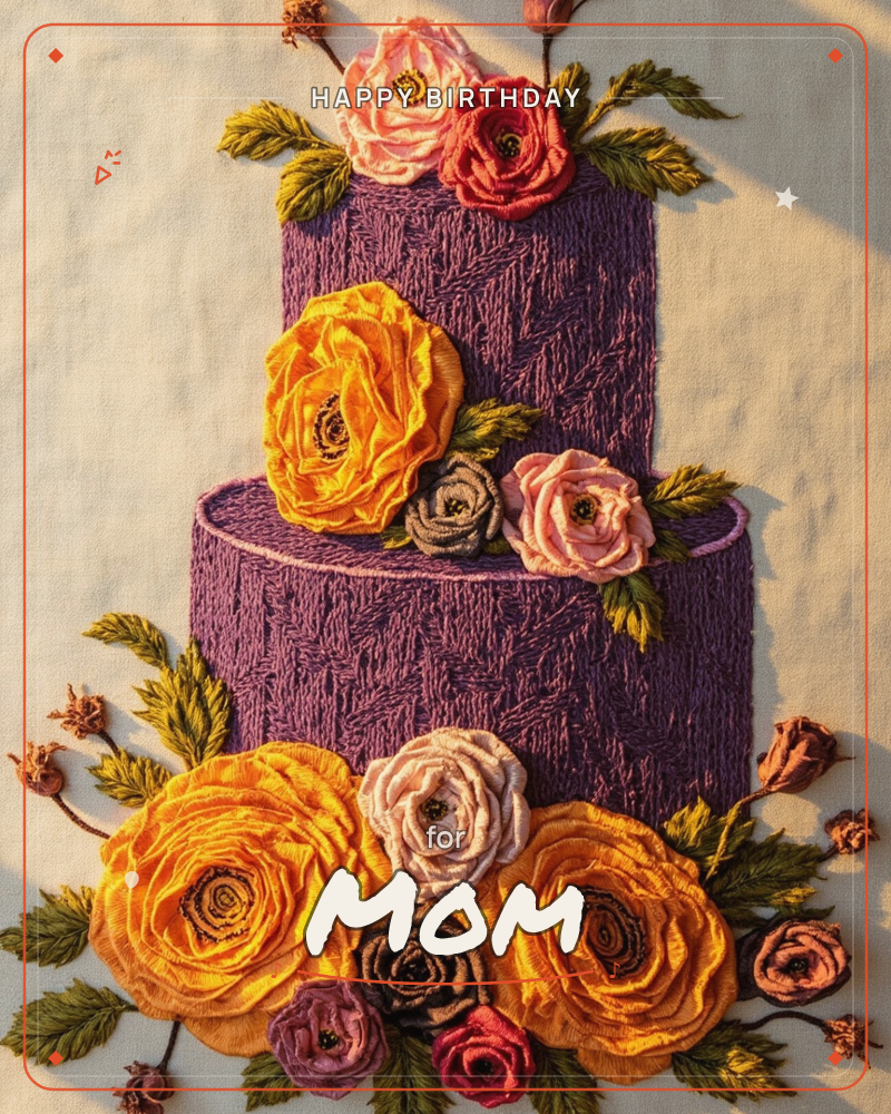 An embroidered two-tier cake in deep plum thread stands against natural linen, its stitched surface catching warm, slanting light like afternoon sun, a birthday e-card design