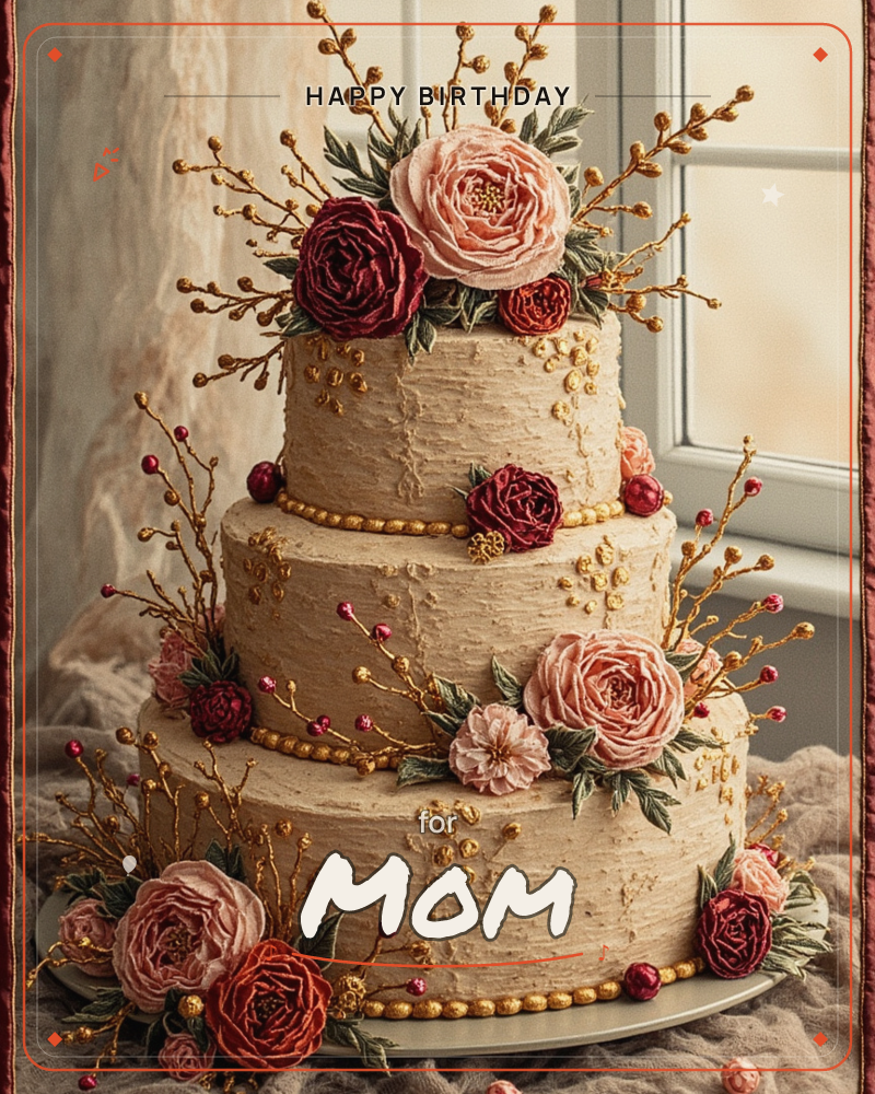 A three-tiered cake with textured beige buttercream sits before a window, adorned with clusters of blush and burgundy sugar roses, gold beaded trim…, a birthday e-card design