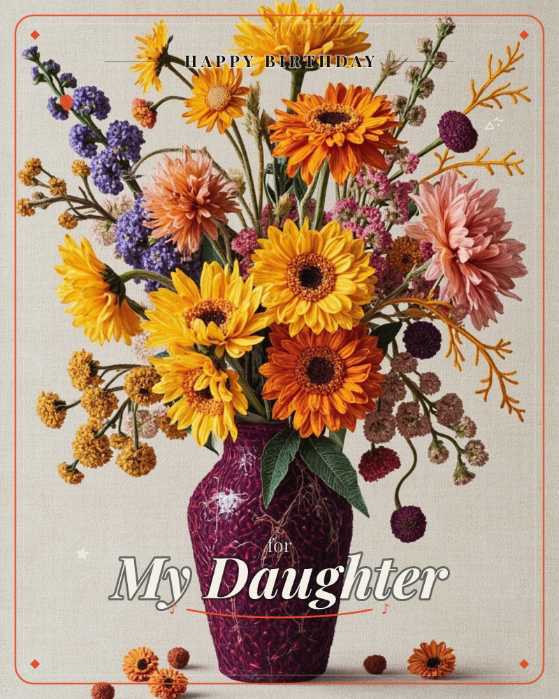 A richly textured plum-purple vase holds an overflowing bouquet of gerbera daisies, dahlias, and sprays of dried lavender and coral fern, set against a…, a birthday e-card design