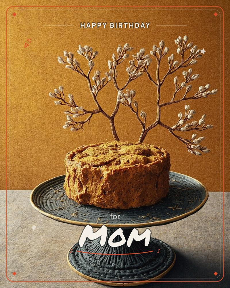 A rustic round cake sits on a dark textured pedestal stand, its top pierced with sprigs of pussy willow branches instead of candles, a birthday e-card design