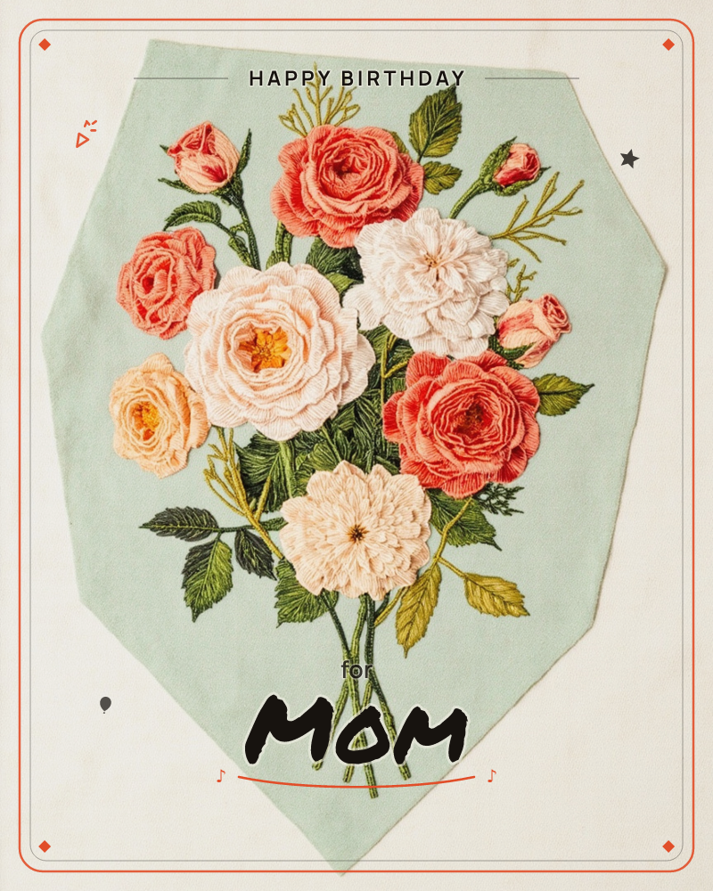 An embroidered bouquet of roses and dahlias sits stitched onto a sage-green fabric patch cut into a faceted shield shape, a birthday e-card design