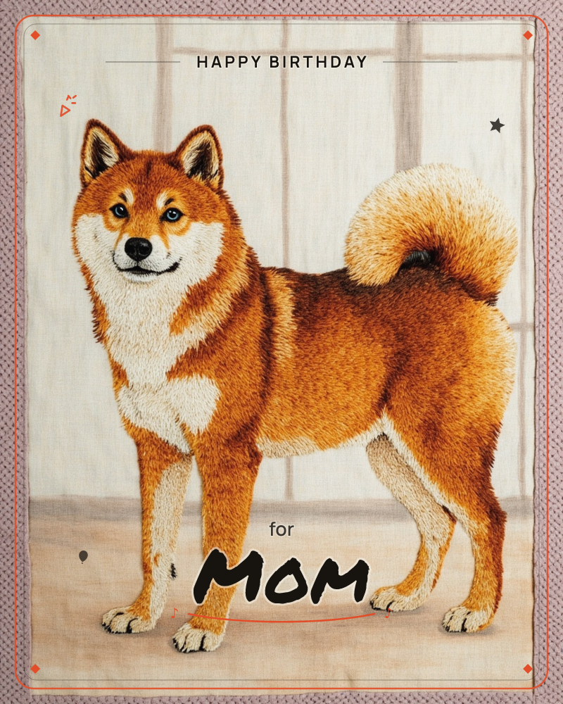 An embroidered Shiba Inu stands in profile against a pale linen backdrop stitched to look like a curtained window, a birthday e-card design