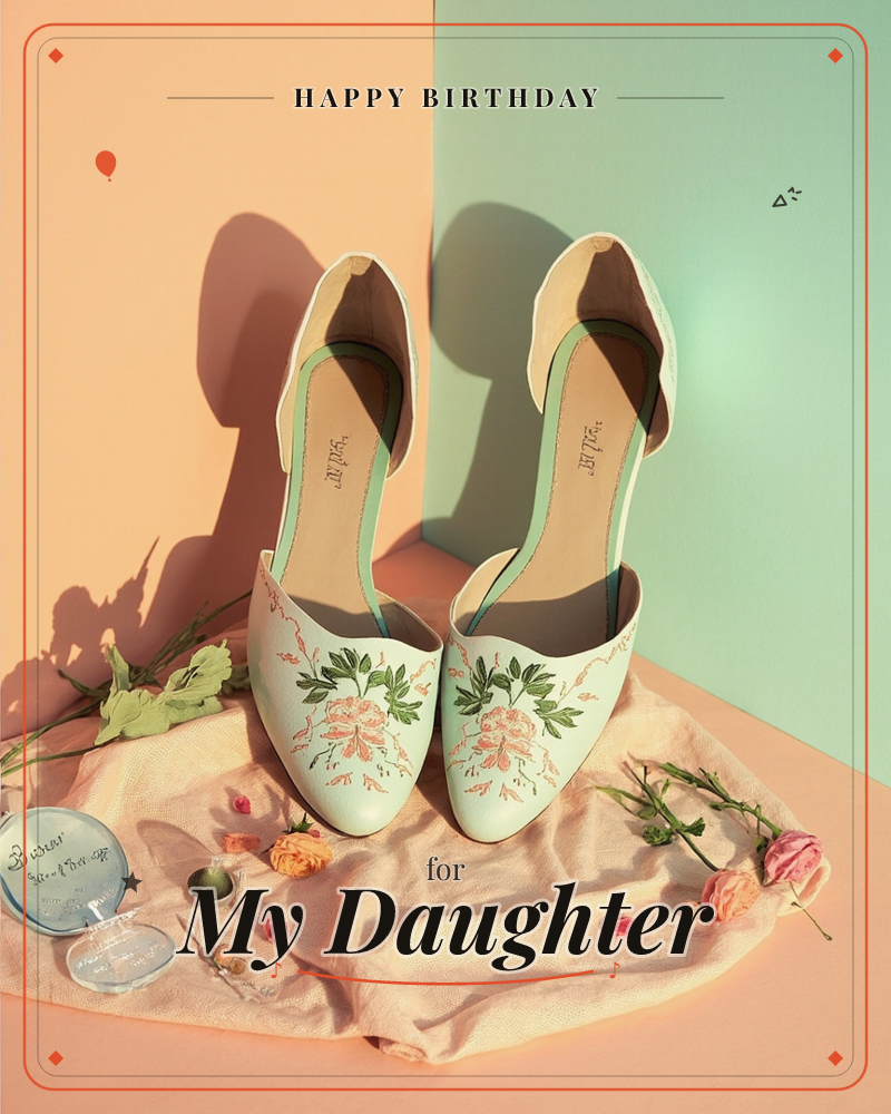 A pair of mint-green pointed flats embroidered with pink floral sprigs stands on a peach cloth, propped against a two-tone peach and seafoam backdrop, a birthday e-card design