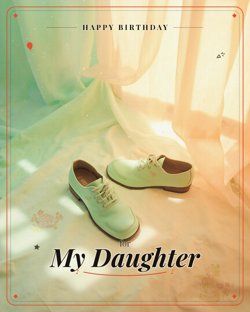 A pair of pale mint-green leather lace-up shoes sits on rumpled fabric backdrops of seafoam and warm cream, with sheer curtains glowing behind them in…, a birthday e-card design