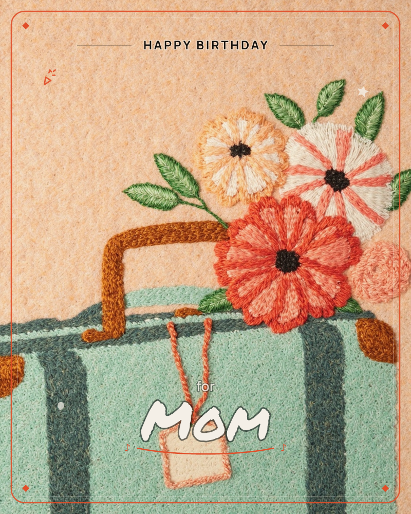 An embroidered illustration shows a mint-green suitcase with a brown leather handle and a blank luggage tag dangling from its side, topped with a…, a birthday e-card design
