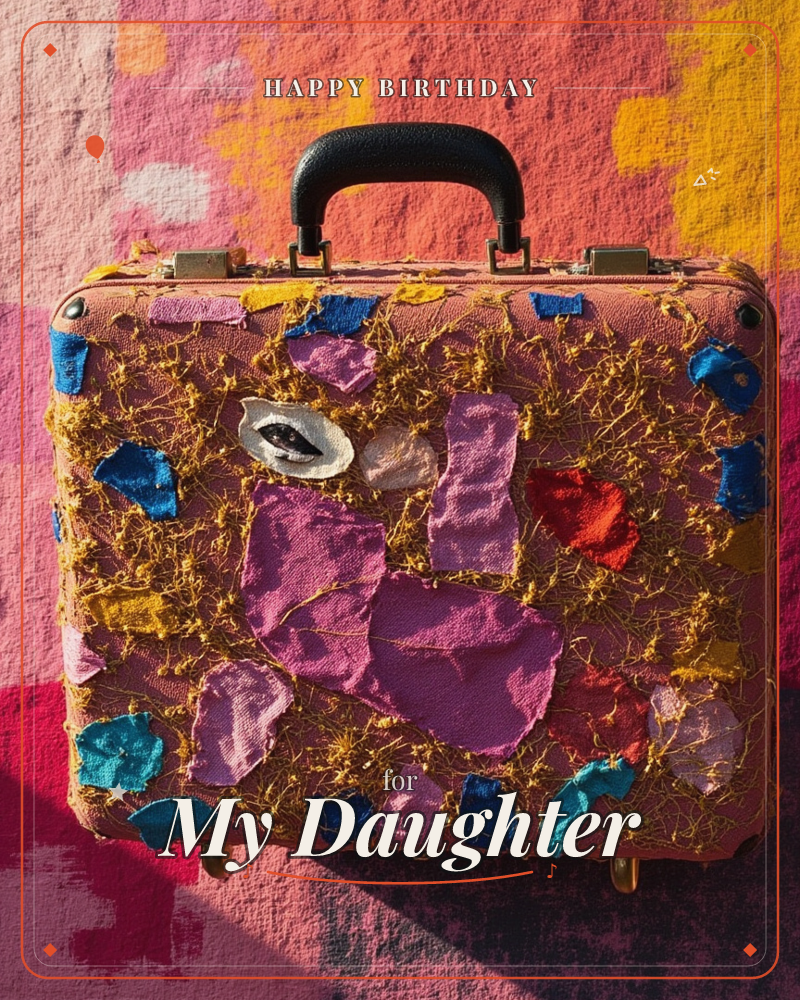 A vintage briefcase with a black handle is covered in patchwork scraps of purple, blue, red and gold fabric, all tangled with loose gold thread and a…, a birthday e-card design
