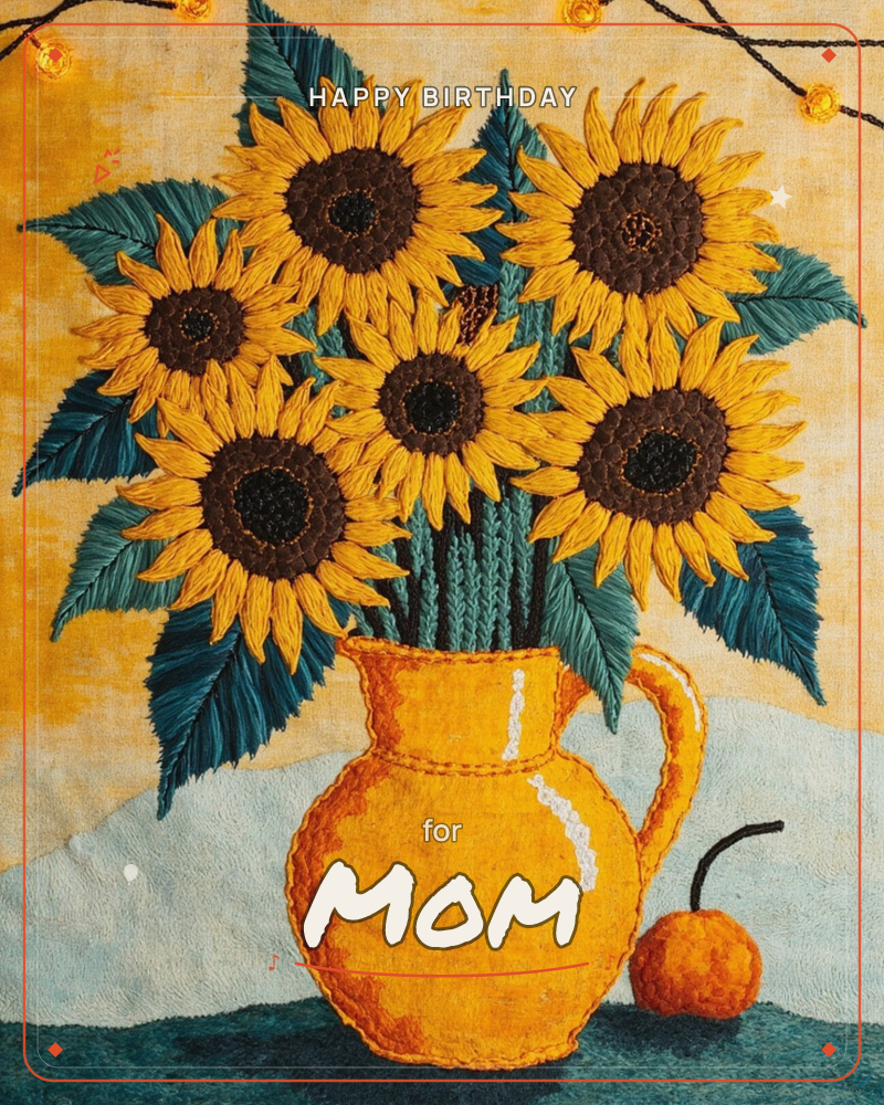 An embroidered still life shows a bunch of sunflowers with deep brown centres and teal leaves, gathered in a golden pitcher on a dark green tabletop, a birthday e-card design