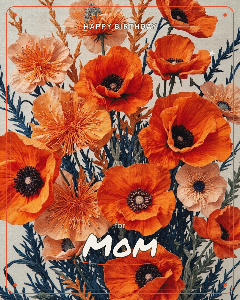 A dense cluster of orange and peach poppies fills the card against a soft linen-textured background, their dark centres open wide beside a few fringed…, a birthday e-card design