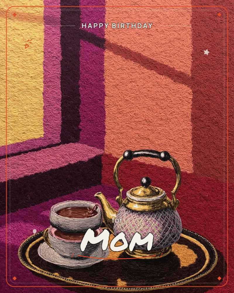 A brass-handled teapot with a woven mauve-and-gold body sits on a round tray beside two stacked teacups of dark tea, all set against bold geometric…, a birthday e-card design