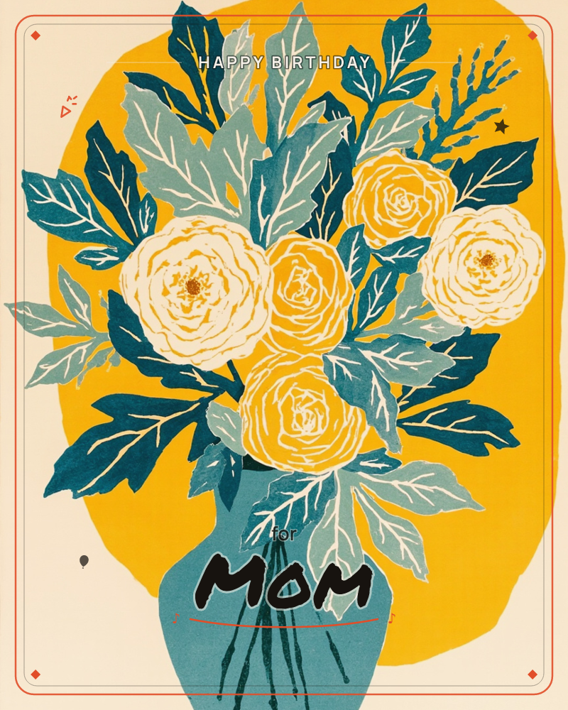 A bold bouquet of cream and gold roses fills a teal vase, set against a warm mustard-yellow backdrop on a cream page, a birthday e-card design