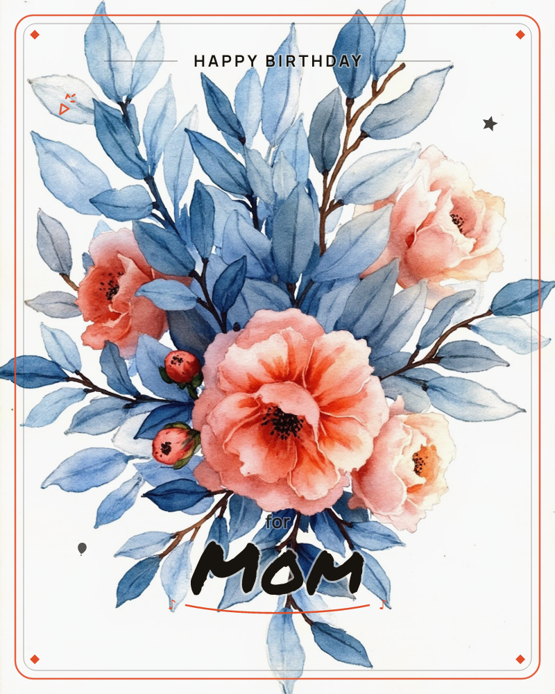 A watercolour bouquet centres the page: soft coral peonies in full bloom cluster among slate-blue leafy branches, with a few unopened rosy buds tucked…, a birthday e-card design