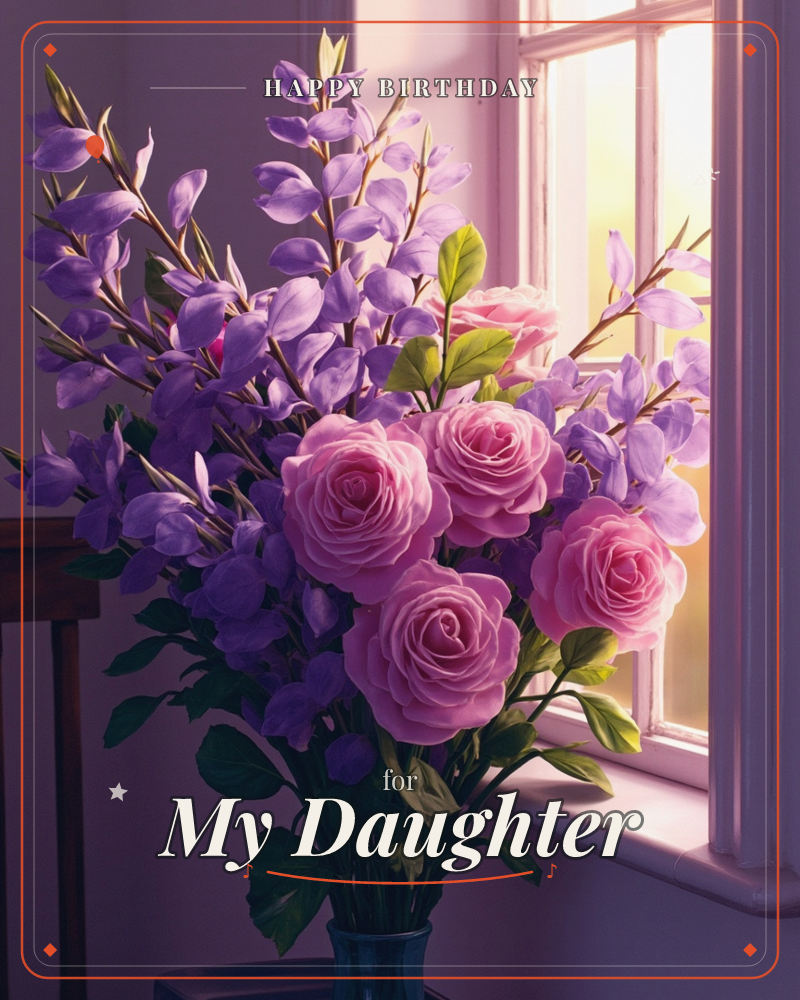 A vase of pink roses and tall purple sprays sits on a windowsill, glowing where afternoon light pours through the panes behind it, a birthday e-card design