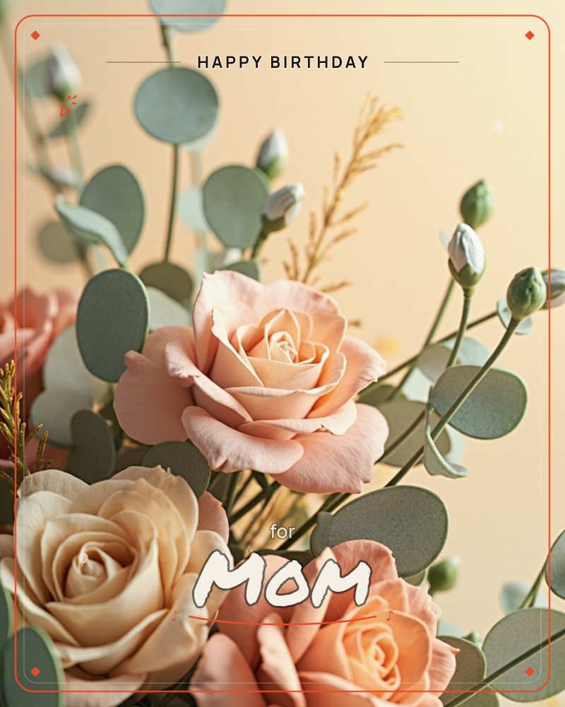 A close-up bouquet of peach and cream roses in full bloom, mixed with silvery-green eucalyptus leaves and small unopened buds, set against a soft…, a birthday e-card design