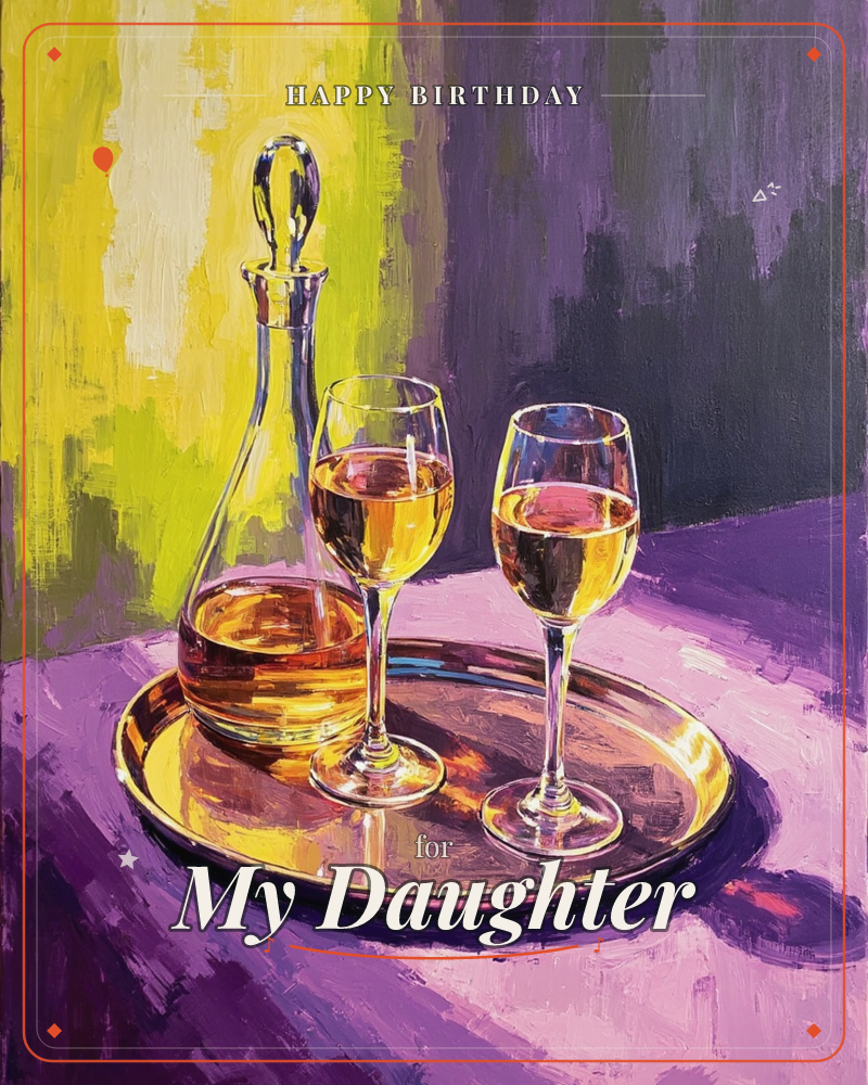 A painted still life shows a glass decanter and two filled wine glasses standing on a round metal tray, set against bold blocks of purple and…, a birthday e-card design