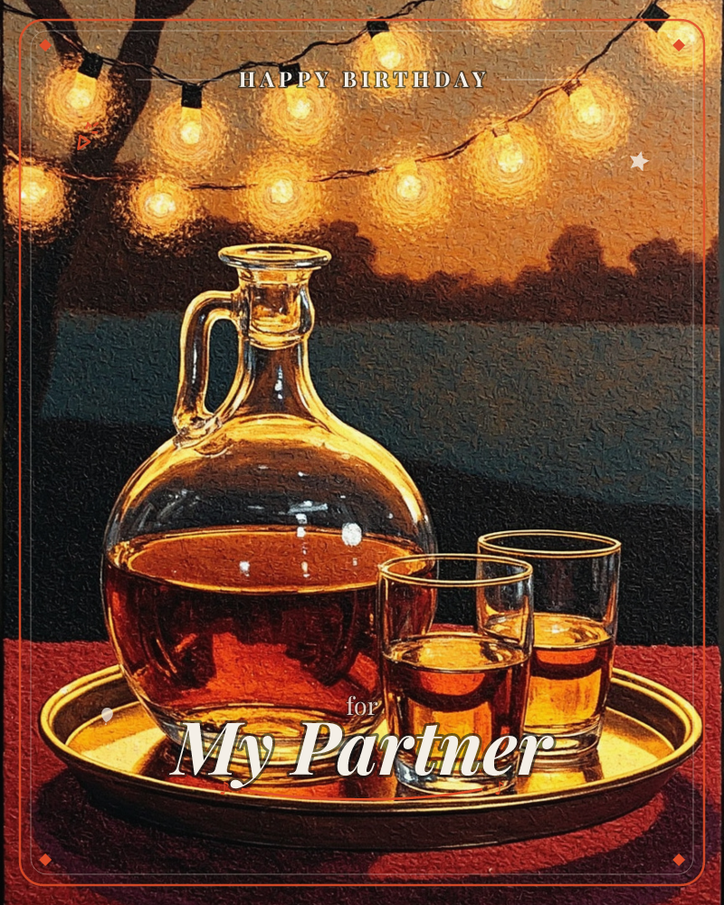 A glass jug of amber liquor sits on a gold tray with two small filled glasses beside it, lit by strings of warm bulb lights overhead against a dusky…, a birthday e-card design