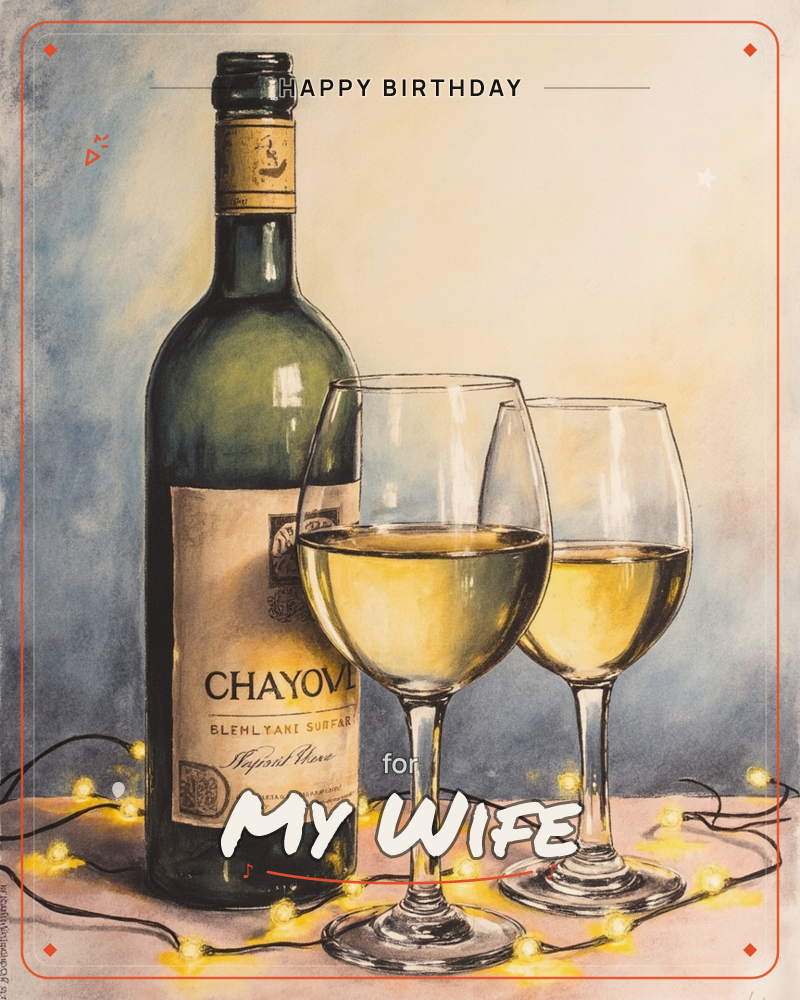 A dark green wine bottle labelled 'Chayovi' stands beside two glasses of pale gold wine, all resting on a pink-toned tabletop strung with warm fairy…, a birthday e-card design