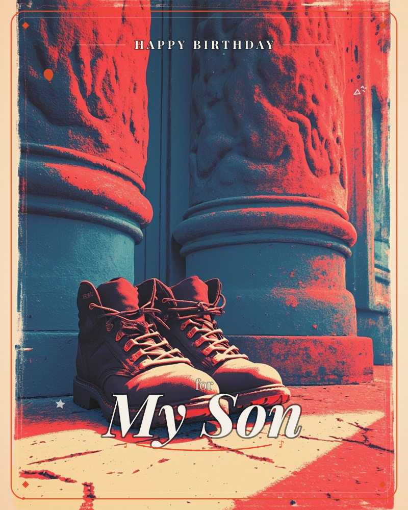 A pair of sturdy lace-up boots sits at the base of two weathered stone columns, the whole image drenched in a duotone wash of red and teal, a birthday e-card design