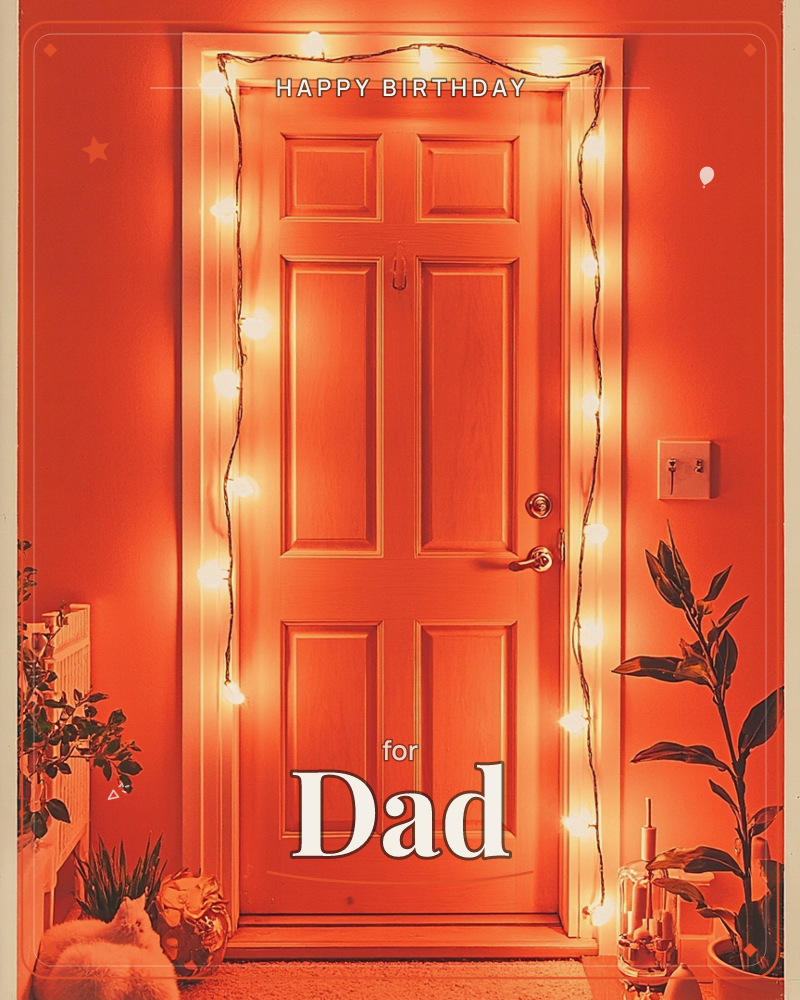 A six-panel front door is bathed entirely in warm red-orange light, framed with a string of bare fairy-light bulbs traced around its edges, a birthday e-card design