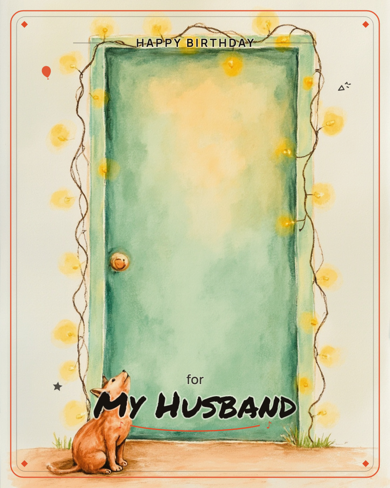 A watercolour painting shows a seafoam-green door strung with a glowing garland of yellow fairy lights, its warm golden glow pooling across the wood, a birthday e-card design