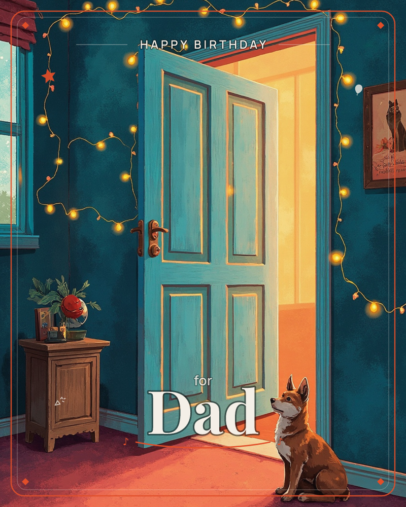 A teal panelled door stands open onto a warm glowing orange room beyond, framed by strings of fairy lights draped across the deep blue wall, a birthday e-card design