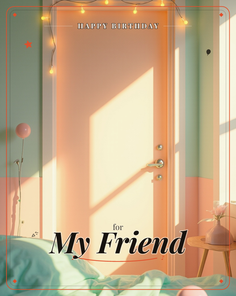 A soft peach-colored bedroom door glows in warm afternoon light, framed by a string of small round fairy lights along the top edge, a birthday e-card design