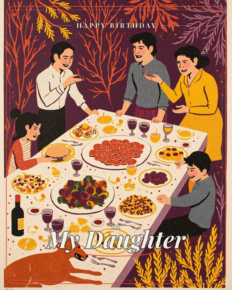 A group of five gathers around a long table piled high with pizzas, salads, tarts, and wine glasses, laughing and reaching across the food to talk, a birthday e-card design