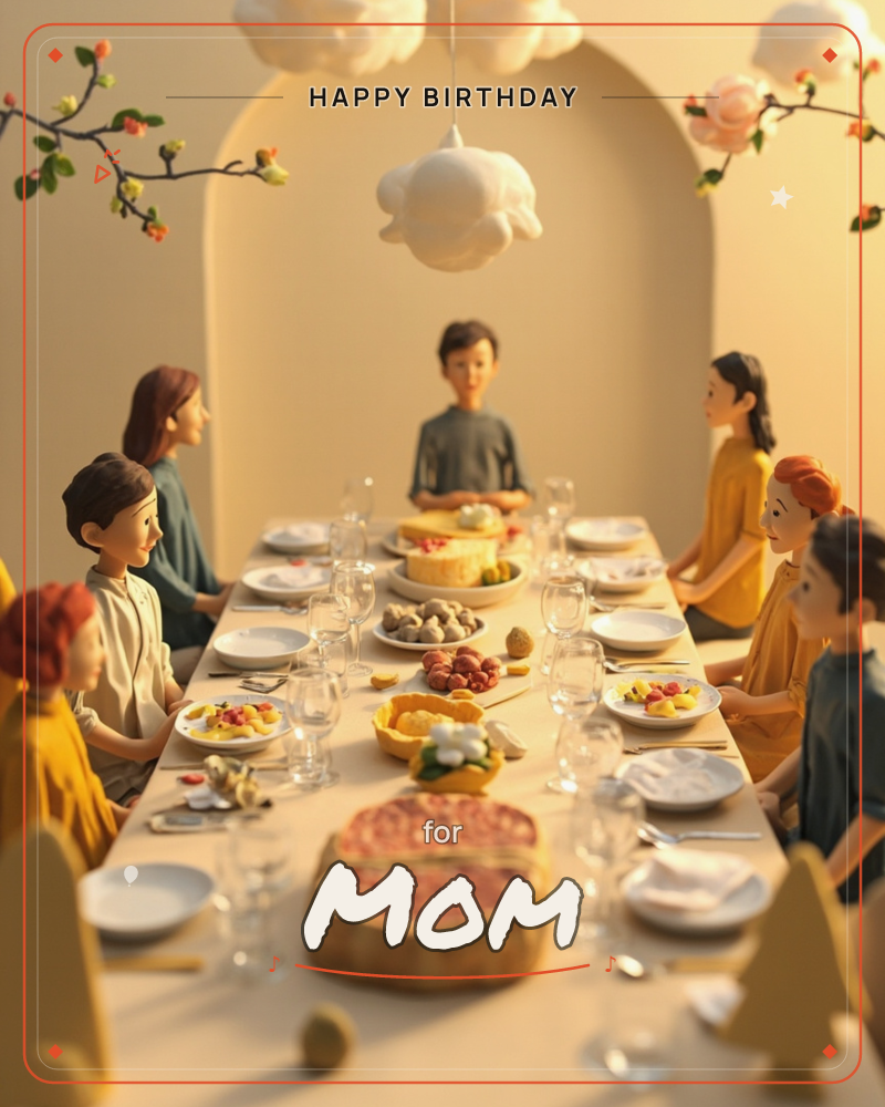 A stylised 3D-clay family sits along a long table set beneath a soft arched alcove, with cloud-shaped lanterns hanging overhead and blossom branches…, a birthday e-card design
