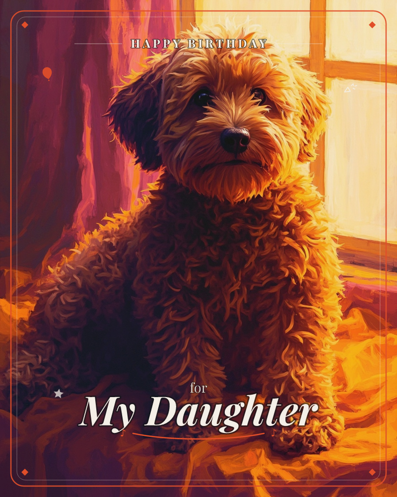 A shaggy golden-brown curly-coated dog sits upright on a rumpled amber blanket, framed by a deep magenta curtain and a sunlit window behind it, a birthday e-card design