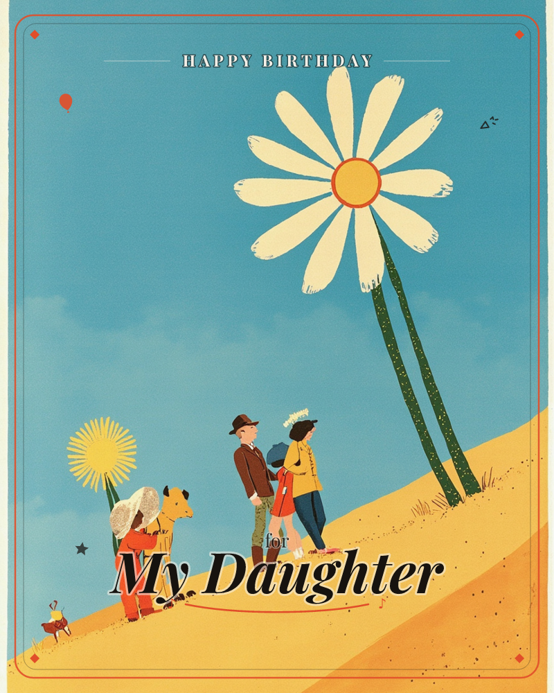 A golden hillside rises against a wide blue sky beneath two oversized daisy blooms towering on tall stems, a birthday e-card design