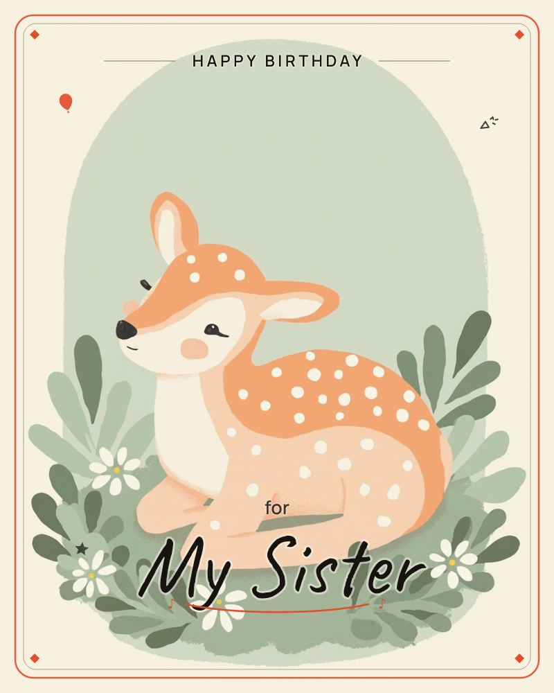 A spotted fawn curls up peacefully amid soft green foliage and small white daisies, set against a sage-green arched backdrop on a cream page, a birthday e-card design
