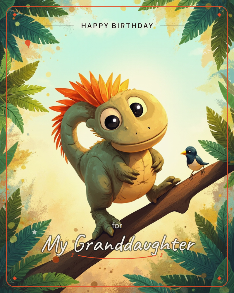 A round-bellied cartoon dinosaur with a bright orange feathery crest balances happily on a thick branch, standing nose to nose with a small blue bird, a birthday e-card design